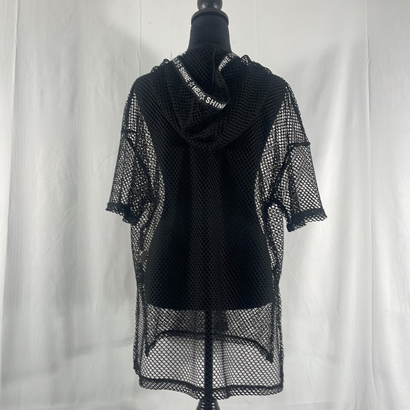 Black mesh,knit pullover w hoodie and drawstring, coverup, see through,Large - Picture 4 of 9